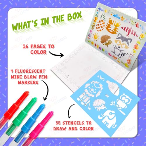 Image of Wembley Blow Pen Painting Colour Set-Unique Birthday Gift Colour Pens Set-Colouring Kit for Kids-Spray Pen Stationery Bundle with 35 Stencils,4 Fluorescent Markers & 16 Colouring Pages-Jungle,Multi