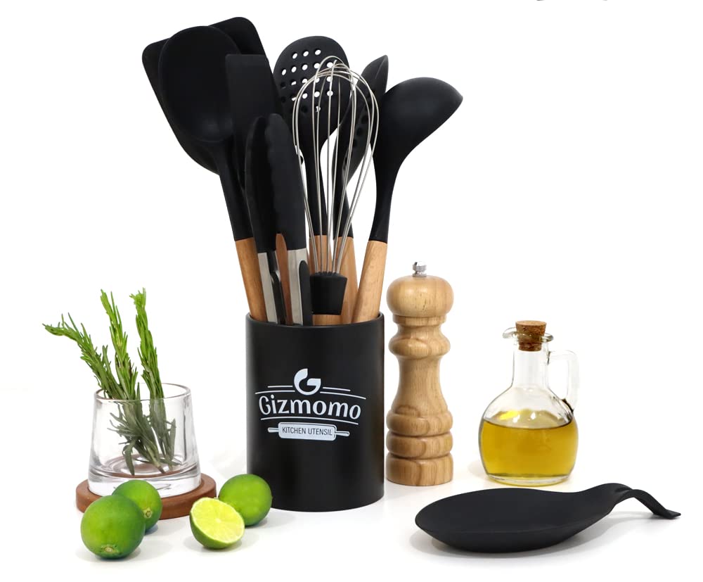 Gizmomo ||Cooking utensils, Metal Container, Cookware,Kitchen Utensils,Silicone,Spatula,Wooden Handles(Black),Silicone utensils,12pcs, Nonstick Cookware, heat resistance,ملاعق, للطبخ