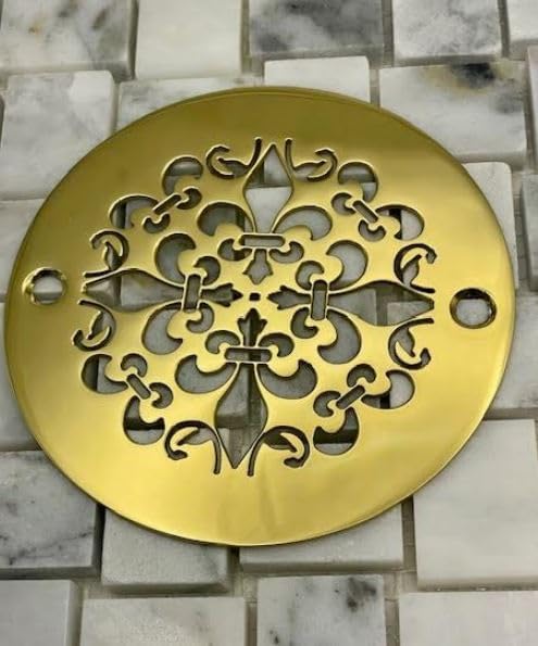 4 Inch Round Shower Drain Cover, Fleur De Lis Design (Brushed Nickel)