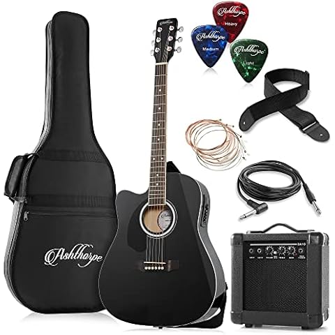 Ashthorpe Left Handed Full-Size Dreadnought Cutaway Acoustic Electric Guitar Package with 10 Watt Amp - Black Cover