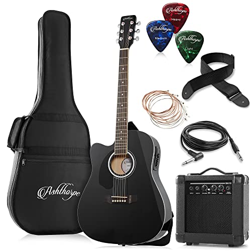 Ashthorpe Left Handed Full-Size Dreadnought Cutaway Acoustic Electric Guitar Package with 10 Watt Amp - Black