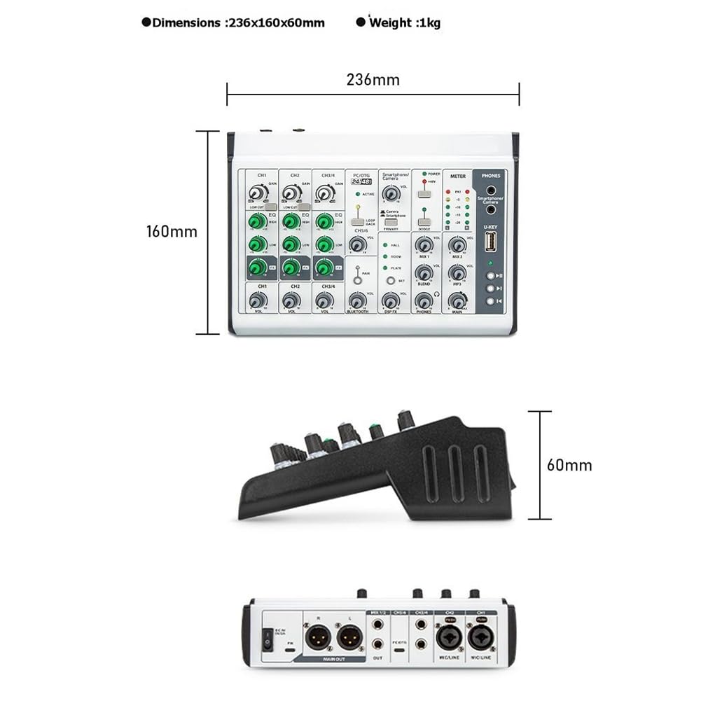 Mezclador de Audio OTG de 6 Canales con Conexión Bluetooth y USB, Transmisión en, Grabación, Ajuste de Frecuencia Alta y Baja de 48V.