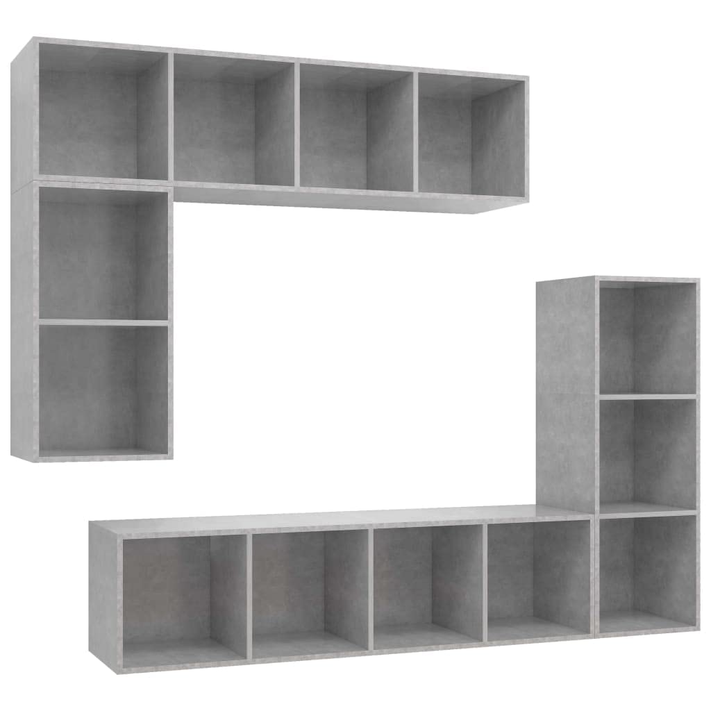 4-TLG. TV-Schrank-Set, Betongrau Holzwerkstoff, Modernes Media-Center für Wohnzimmer, Wandmontage, Viel Stauraum, 37x37x142,5 cm