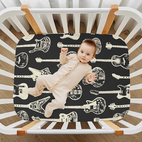 Image of Black Guitar Music Crib Sheets Soft Breathable Fitted Baby Crib Sheets Mattress Cover for Girl Boys, 52 inch x 28 inch x 9 inch
