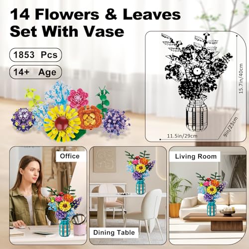 Image of Flowers Building Set with Vase, 14 Wildflowers Bouquet Kits with Rose, Sunflower, Baby's Breath, Botanical Collection, Compatible with Lego Flowers, Chrismas Thanksgiving Birthday Gifts, 11001