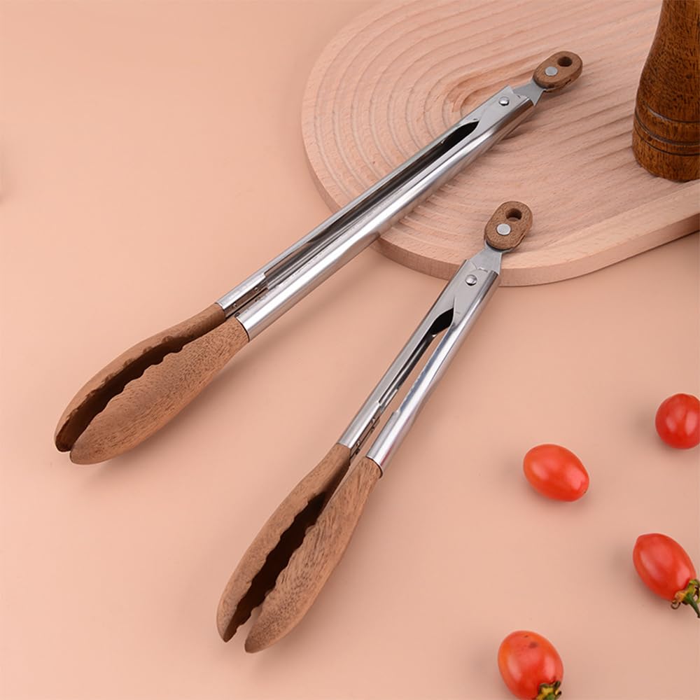 Pinzas de madera para cocinar, pinzas de ensalada de madera antideslizantes de acero inoxidable con mango largo con agujero para colgar, pinzas de cocina para barbacoa, parrilla, servir alimentos,