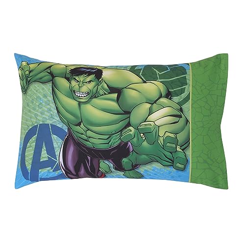 Image of NoJo Marvel The Incredible Hulk Green, and Blue 4 Piece Toddler Bed Set - Comforter, Fitted Bottom Sheet, Flat Top Sheet, and Reversible Pillowcase