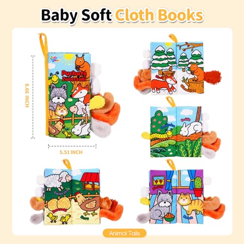 Image of Jollybaby Baby Cloth Books, Touch & Feel Crinkle Soft Books, for Infants Babies, Toddler Early Educational Interactive Stroller Toys, Baby Girl & Boy Gift(Plush Tails)