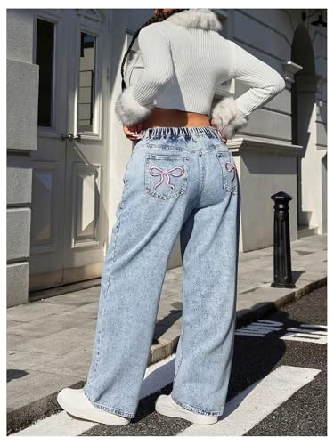 SOLY HUX Women's Plus Size Y2k Jeans Elastic High Waisted Bow Straight Leg Baggy Denim Pants4