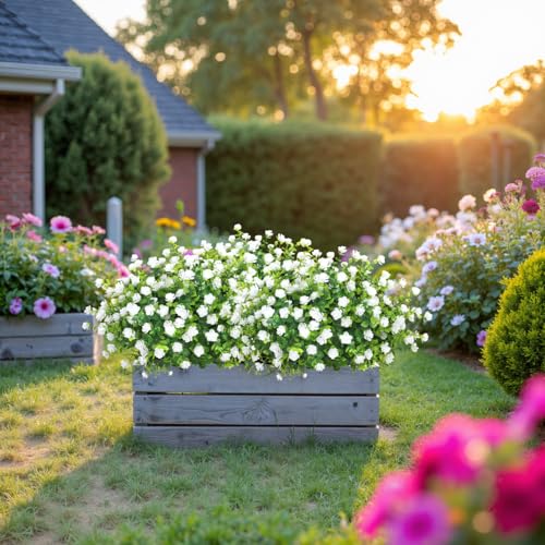 Image of Artificial Flowers for Outdoors Decoration UV Resistant, White | faux plants, fake plastic eucalyptus, greenery stems, indoor outdoor use, Garden fence patio window box porch planter decor