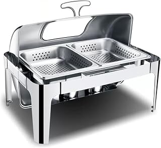 Food Warmer Dishes Buffet Servers Flip-Top Punching Plate Chafing Two Heating Methods Electric/Alcohol Capacity, Alcohol Visible(Alcohol,Visible B)