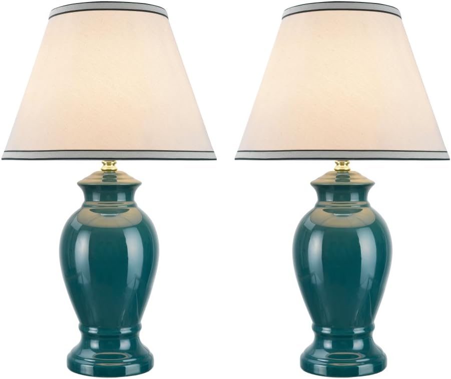 Aspen Creative, Two Pack Set, Green 40071, 21 1/2" High, Traditional Ceramic Table Hardback Empire Shaped Lamp Shade in Off-White, 13" Wide