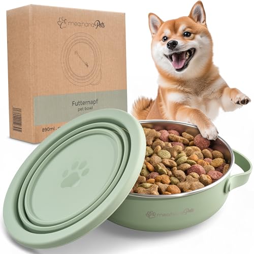 mea:hana Pets Futternapf für unterwegs 900ml mit Deckel -Ideal für Reisen,Outdoor- Edelstahl Futternapf mit faltbarem Silikondeckel als Zweitnapf, Hundezubehör - robust, kompakt, hygienisch
