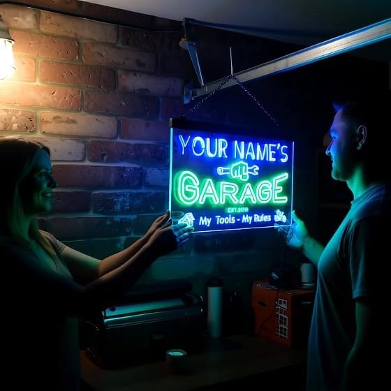 Miniatura 4 de ADVPRO Personalizado Tu Nombre Año Est Tema Garaje Cueva de Hombres Decoración Letrero Luminoso LED de Doble Color, Verde & Azul, 12" x 8.5"