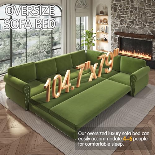 Image of KEIKI 118 inch Chesterfield Sleeper Sofa, Chenille Sectional Couch, Grass Green | L Shaped, Pull Out Bed Design, Nailhead Trim Detail, Rolled Armrest, 6 Seat Seating, Living Room Guest Room Use