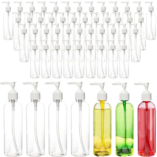 52 Pcs Empty Plastic Pump Bottle 8 oz/ 250 ml Clear Lotion Pump Dispenser Refillable Shampoo Containers Bulk with Travel Lock for Body Wash Liquid Soap Massage Oil Face Cream Conditioner