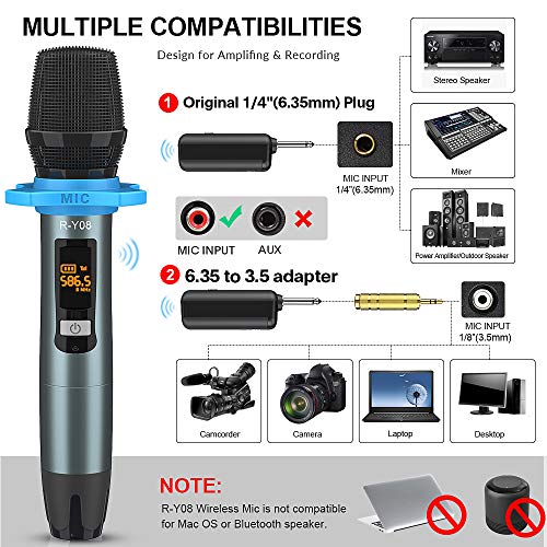 Wireless Microphone UHF Rechargeable(Work 13-18hs) Cardioid Dynamic Mic Handheld Wireless mic System for Karaoke, Singing, Stage, Interview, Church, PA Speaker, Amplifier, Mixer, Camera, Laptop, 164ft