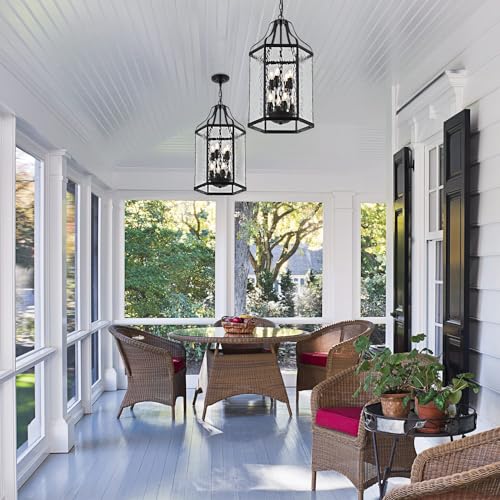 Lighceac 14 Inch Modern 8-Light Exterior Black Lantern Pendant Light Fixture With Clear Rippled Glass Mini Industrial Hanging Cage Chandelier For Outdoor Kitchen Dining Room Hallway Entryway Foyer Porch thumb #4
