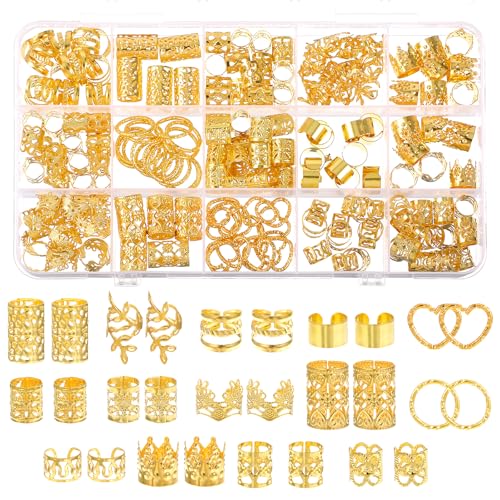 Wanmu 190 piezas de joyería para el cabello para trenzas, anillos de metal dorado para trenzas de pelo, ajustables, dijes de joyería para hombres, mujeres y niñas, accesorios para rastas, decoraciones