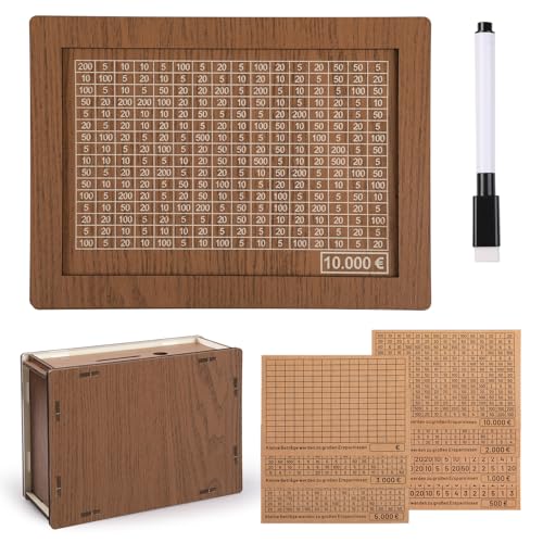 GeeRic Salvadanaio in legno resistente piani di risparmio 10 K Saving Challenge cassaforte in legno marrone