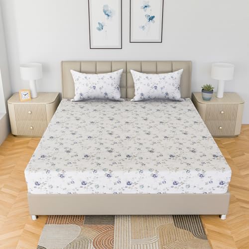 Image of LINENWALAS 100% Cotton Fitted Bed Sheet for King Size Bed, Printed All Around Elastic Bedsheet (72 x 78 Inches) with 2 Pillow Covers | 210 TC Soft, Breathable, Luxury Bedsheet (Blue Sapphire)