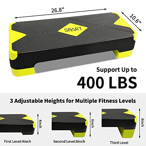 Spart Adjustable Workout Aerobic Stepper, Aerobic Exercise Step Platform With 4 Risers, 3 Levels Adjust 4" - 6" - 8", 26.77" Trainer Stepper With Non-Slip Surface For Home Gym, Black-Fluorescent Green #TOP1