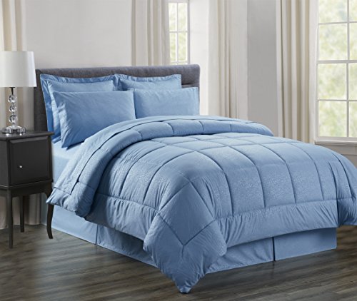 Image of Sweet Home Collection 8 Piece Bed In A Bag with Vine Comforter, Sheet Set, Bed Skirt and Sham Set, Slate Blue, Queen