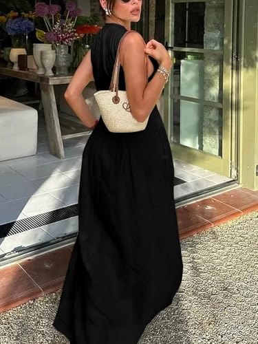 UOOZEE Womens 2024 Casual Sleeveless Zipper Long Dress Summer Beach Maxi Dress with Pockets3