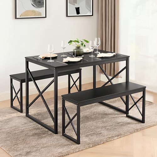 Image of VECELO 43.3 inch Kitchen Dining Table Set for 4, Heavy-Duty Steel Frame & Wood-Grain Tabletop, Space-Saving Dinette Sets with 2 Benches for Breakfast Nook and Small Space, Black