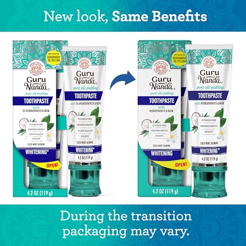 gurunanda hydroxyapatite toothpaste sls amp fluoride free whitening toothpaste with tongue scraper amp squeezer - freshens breath fights plaque - natural cocomint jasmine neem 42oz