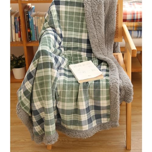 Hiseng Manta Sofa de Enrejado, Manta Suave Caliente para Otoño e Invierno, Mantas para Sofa y Cama Sherpa, Manta Viaje Franela (100x140cm,Cuadros Verdes)