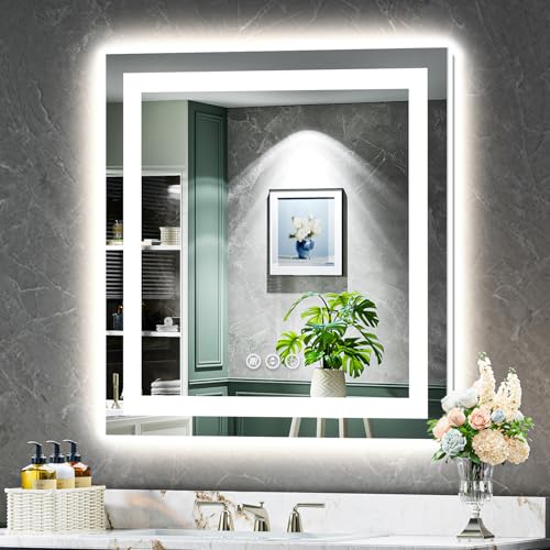 Image of 32x32 Inch LED Bathroom Mirror with Lights Front and Backlit Lighted Vanity Mirror for Bathroom Wall with 3 Colors Dimmable Anti-Fog Memory Shatter-Proof IP54 Waterproof Horizontal /Vertical
