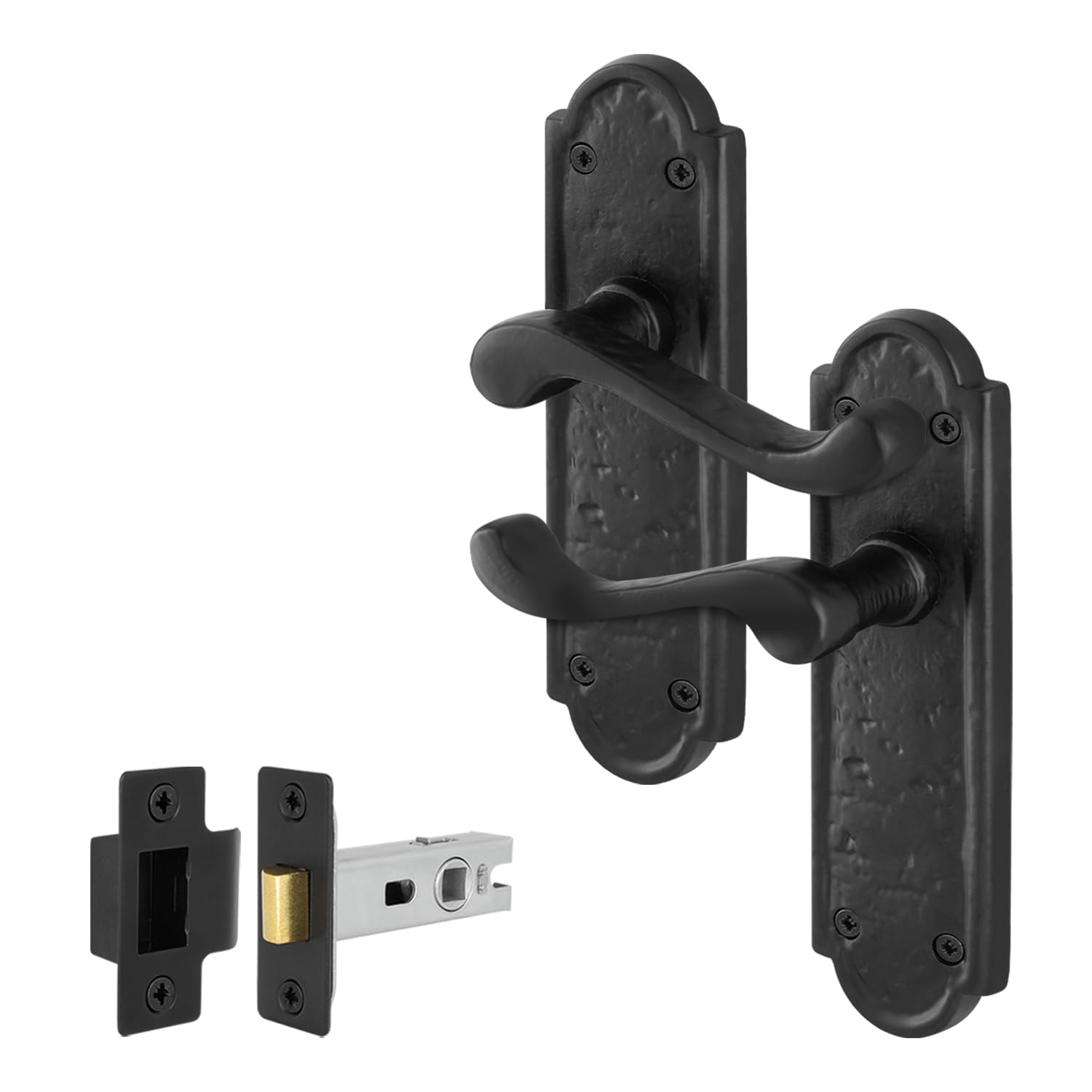 EAI Black Antique Door Handles Latch, 1 Pair of Cast Iron Scroll Shaped Backplate Internal Handles and Latch 64mm, Alton