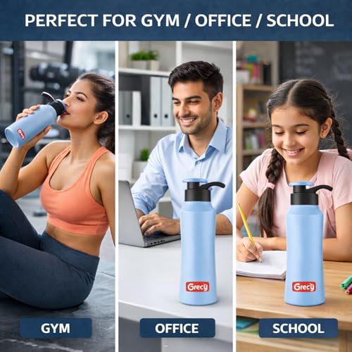 Image of GRECY Tic Toc Steel Water Bottle 1 ltr Light Blue | Single Wall Steel Bottle for Fridge 1 litre | Flip Cap Leak Resistant | BPA Free Food Grade Steel | Lightweight | Office,Gym,Travel Made in India