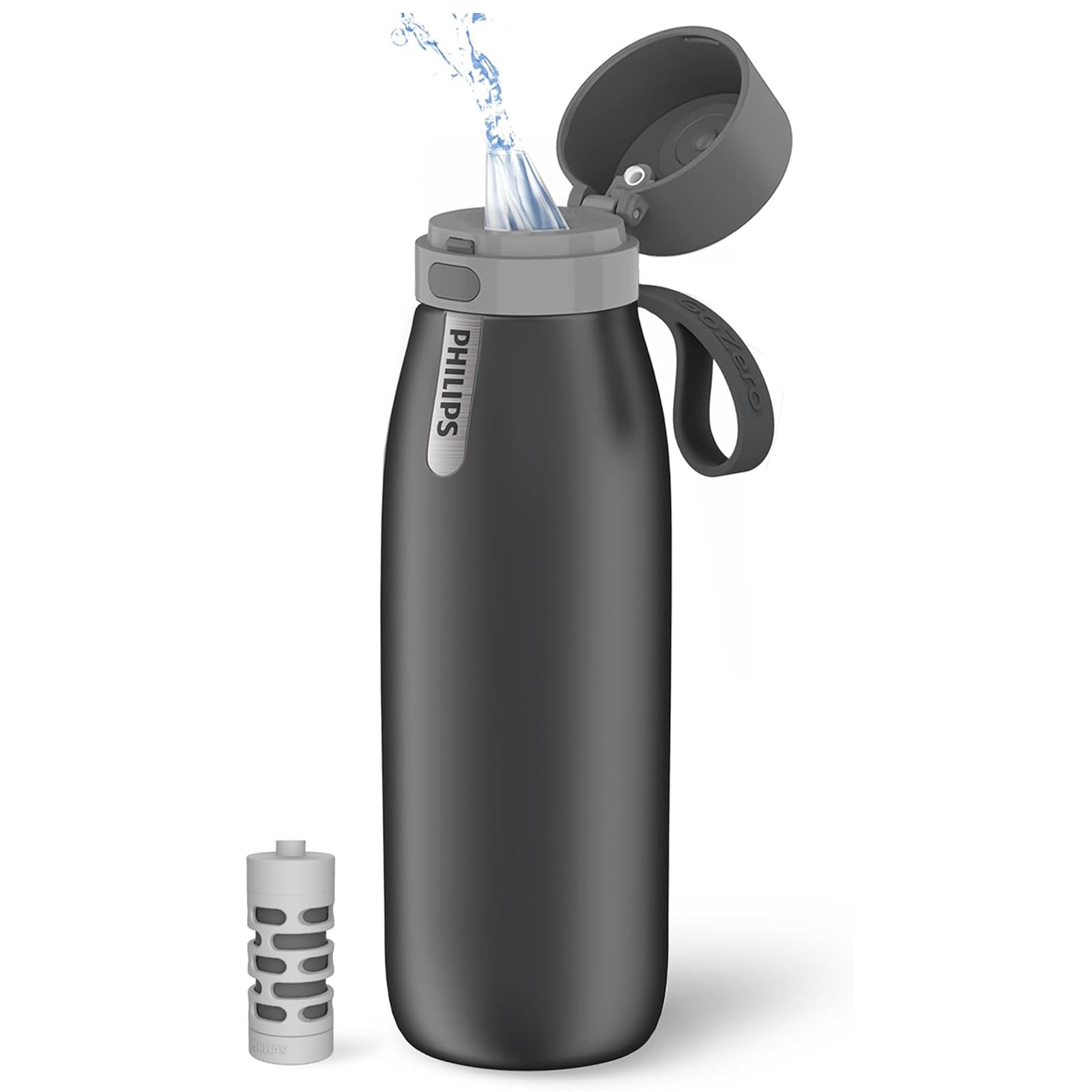 Philips GoZero Everyday Insulated Stainless Steel Filtered Water Bottle with Philips Everyday Water Filter, BPA Free, Purify Tap Water into Healthy Tastier Water Keep Drink Hot/Cold, 18.6 oz. Grey