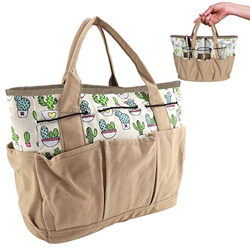 Wendergo Garden Tool Storage Bag with 9 Pockets - Heavy Duty Oxford Fabric Tool Holder Tote, Multi-purpose Planting Pouch Floral Gardening Gift for Women, Tools Not Included(Cactus)