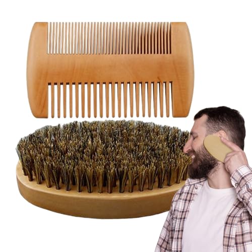 Juego de cepillo y peine para barba - Juego de cepillo y peine para bigote para barba de natural, juego de cuidado de viaje compacto para el peinado diario en casa después de la ducha antes de