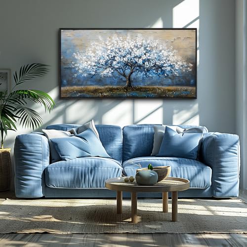 KELIYUAN Large Canvas Wall Art For Living Room Abstract Tree Wall Decor For Bedroom Wall Painting Blue Tree Picture Black Framed Office Dining Room Decor Artwork Hotel Room Mural Home Decor 20"X40"