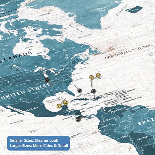 Image of IPIC - Antique Blue World Travel Map, Pin Board Canvas Wall Art, Travel Map with Pins Included, Ready to Hang for Home or Office, 36x24 Inch