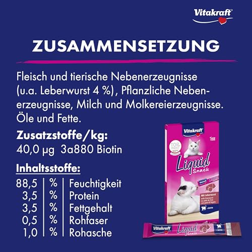 Vitakraft Liquid Snack, Katzen Leckerli, Katzensnack cremig, mit Leberwurst und Biotin, in einzelnen Sachets, für bessere Haut (1 Paket mit 6x 15g)