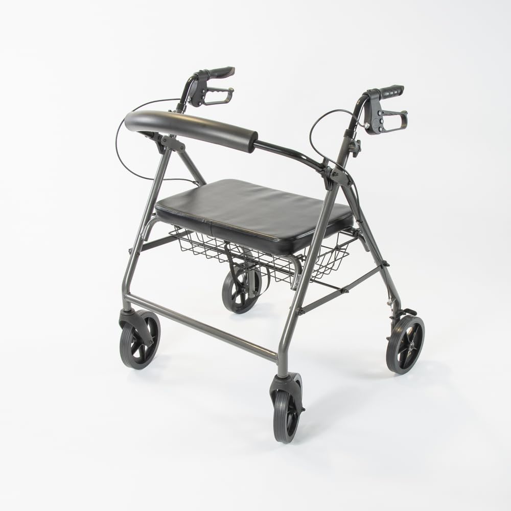 NRS Healthcare Heavy Duty Bariatric Aluminium 4 Wheel Rollator Walking Aid with Seat and Basket - Grey