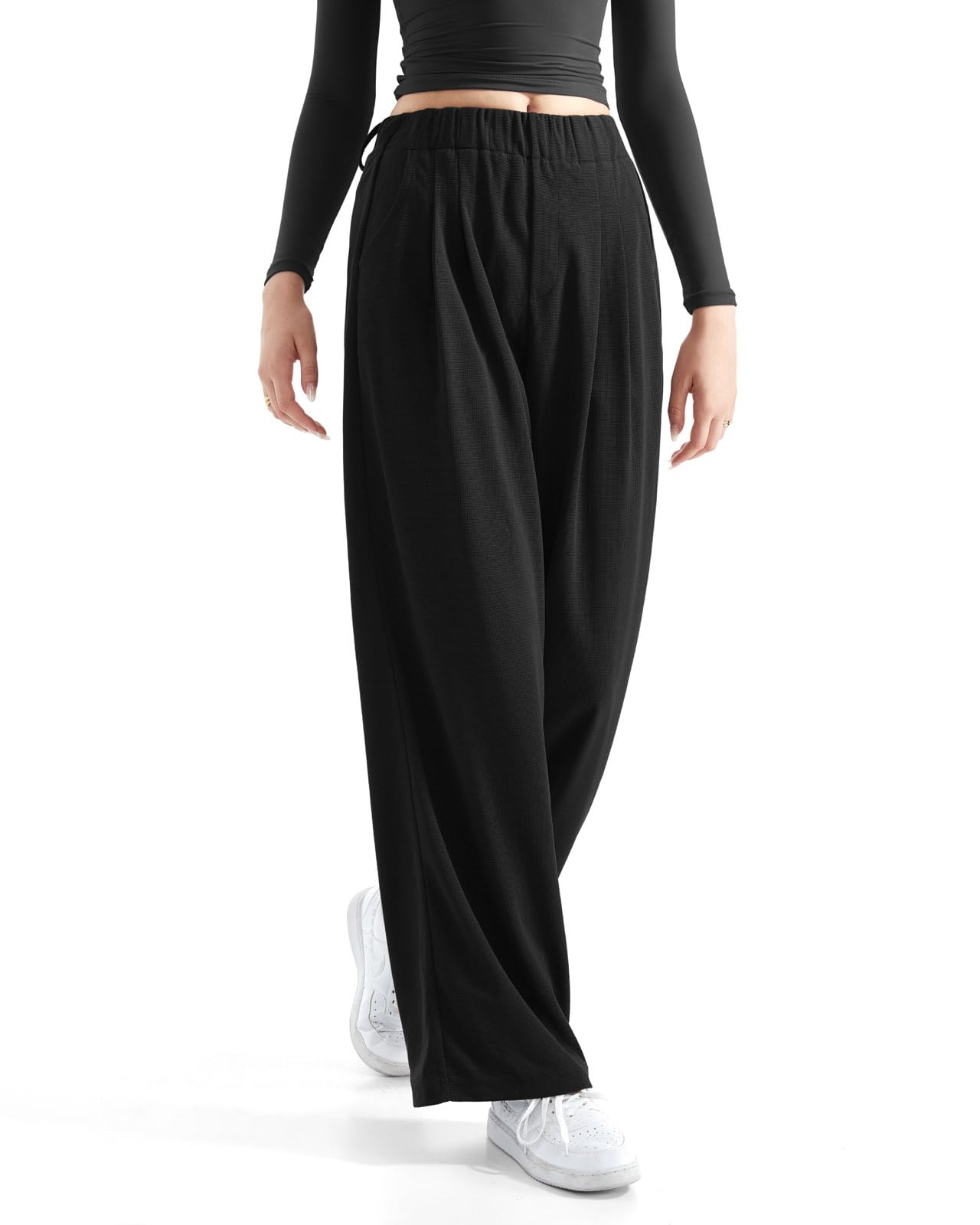 SUUKSESS Women Wide Leg Pants Elastic High Waisted Work Pants Flowy Palazzo Pants