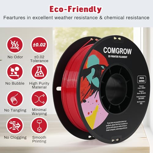 Image of Comgrow PETG 3D Printer Filament 1.75mm, High Precision and Tough 3D Printer Filament 1kg (2.2LBS), Dimensional Accuracy + /- 0.02 mm, Fit Most 3D Printers Red