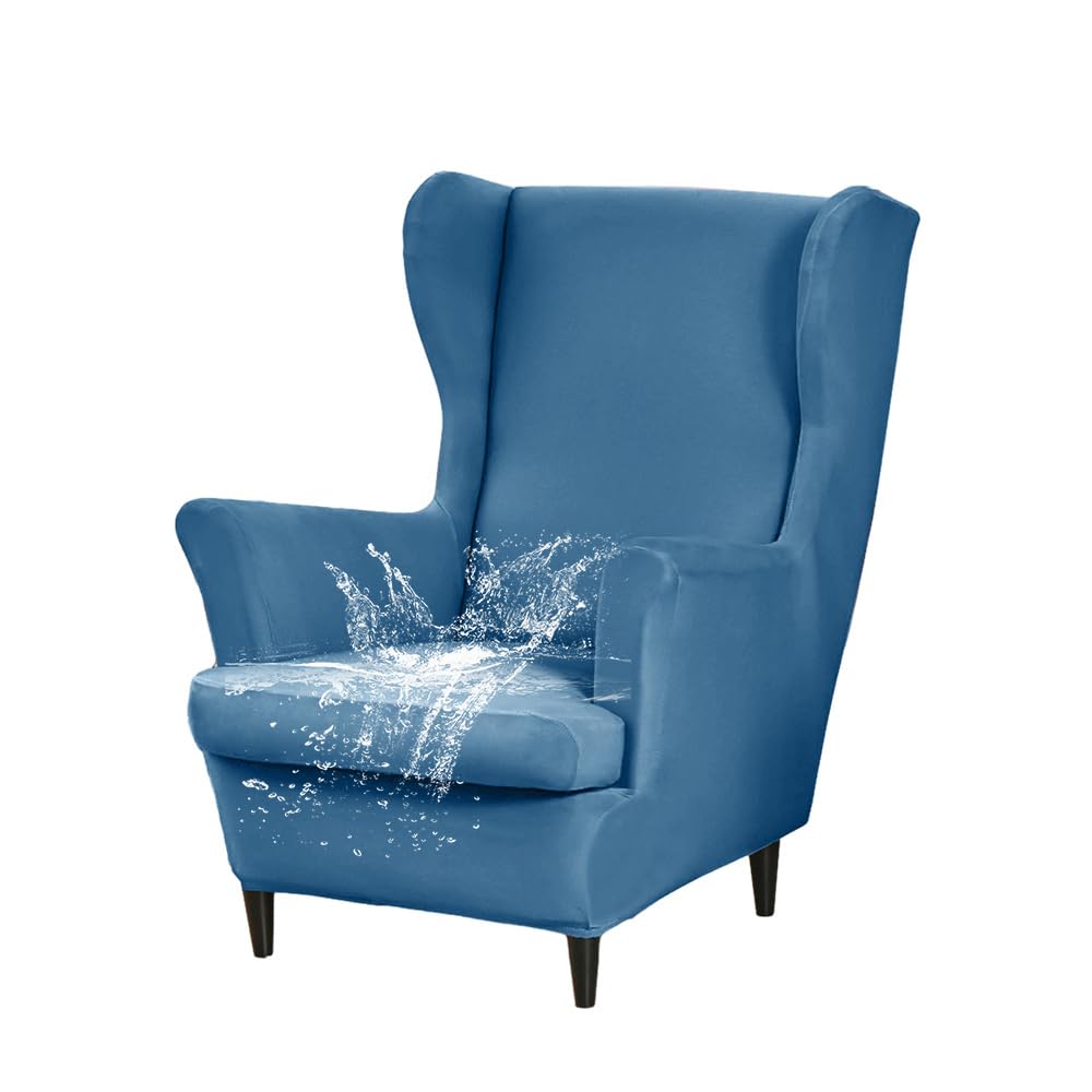 WJHDWYD Waterproof Wingback Chair Cover 2 Pieces Armchair Cover with T-Cushion Cover, Solid Color Stretch Armchair Cover, for Hotel Living Room Bedroom(Bleu)