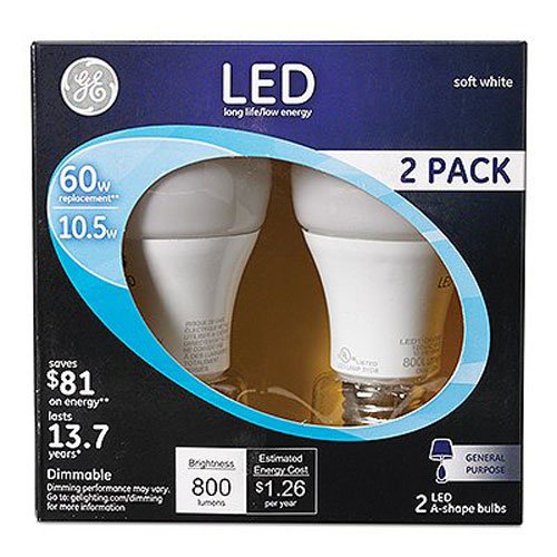 GE Lighting 21900 Energy-Smart LED 10.5-watt, 800-Lumen A19 Bulb with Medium Base, Soft White, 2-Pack