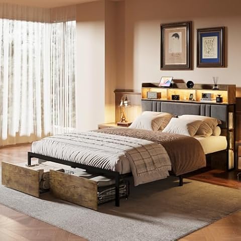 PAUKIN Queen Size Bed Frame with Headboard and 2 Storage Drawers, Bedframe with Bookcase Shelves, Built-in Charging Stationand RGB LED Lights, Metal Platform Bed Frame, Noiseless. (Brown, Queen) Cover