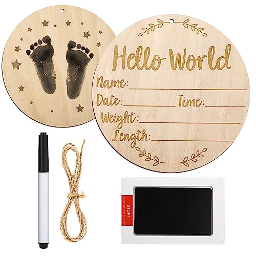Image of Wooden Baby Announcement Sign, 5.9 Inch Hello World Newborn Birth Sign With Ink Pad Markers for Nursery Name, Birthday, Baby Showers, Photo Props