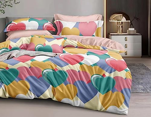 Image of Polycotton Double Bed Bedsheet, Flat Sheet with 2 Pillow Covers, Queen (90x100 inch), 300 TC, Green & Multi, Set of 3