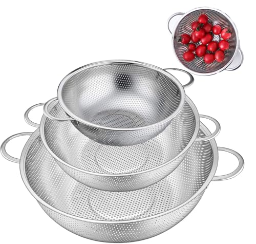 Küchensieb mit Griffen,Edelstahl Nudelsieb,sieb metall,sieb küche,für Nudeln Abtropfen, Gemüse und Obst, Reis, Spülmaschinenfest,28cm,22cm,19cm,3Stück