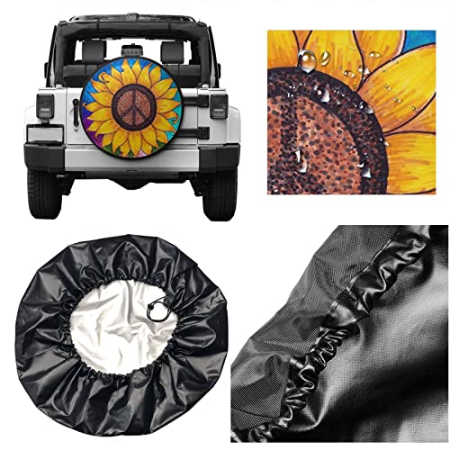 Image of Peace Sign Sunflower Spare Tire Cover,Universal Wheel Tire Cover for Trailer, RV, SUV, Truck,Camper and Many Vehicle,Weatherproof Tire Protectors（14 inch for Diameter 23 inch-27 inch）